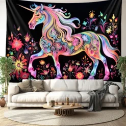 Blacklight Tapestry UV Reactive Glow in the Dark Glow Party Neon Unicorn Animal Psychedelic Trippy Misty Hanging Tapestry Wall Art Mural for Living Room Bedroom