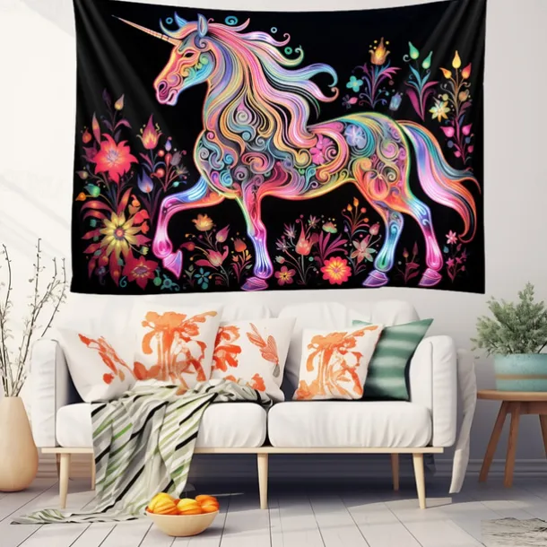 Blacklight Tapestry UV Reactive Glow in the Dark Glow Party Neon Unicorn Animal Psychedelic Trippy Misty Hanging Tapestry Wall Art Mural for Living Room Bedroom