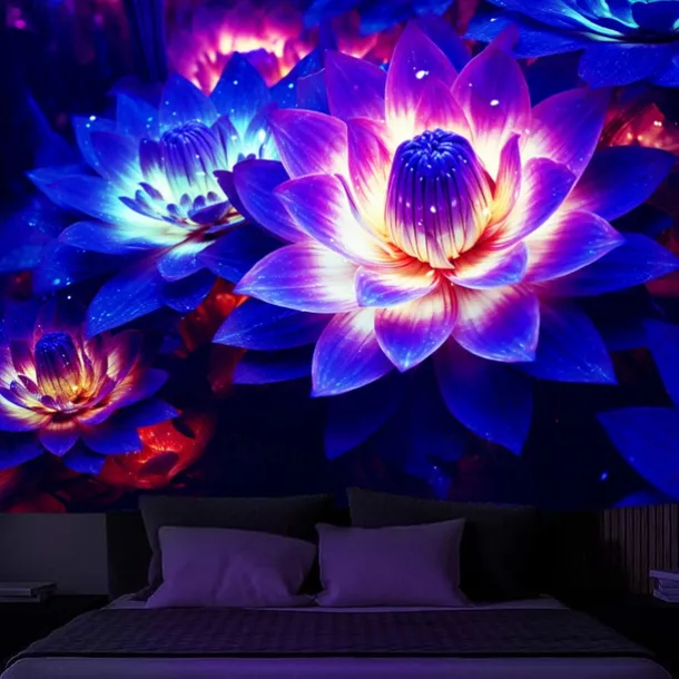 Blacklight Tapestry UV Reactive Glow in the Dark Glow Party Neon Lotus Flower Nature Psychedelic Trippy Misty Hanging Tapestry Wall Art Mural for Living