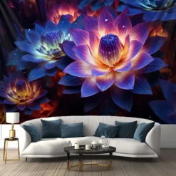 Blacklight Tapestry UV Reactive Glow in the Dark Glow Party Neon Lotus Flower Nature Psychedelic Trippy Misty Hanging Tapestry Wall Art Mural for Living