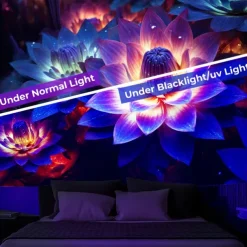 Blacklight Tapestry UV Reactive Glow in the Dark Glow Party Neon Lotus Flower Nature Psychedelic Trippy Misty Hanging Tapestry Wall Art Mural for Living