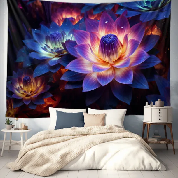 Blacklight Tapestry UV Reactive Glow in the Dark Glow Party Neon Lotus Flower Nature Psychedelic Trippy Misty Hanging Tapestry Wall Art Mural for Living