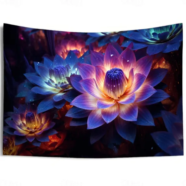 Blacklight Tapestry UV Reactive Glow in the Dark Glow Party Neon Lotus Flower Nature Psychedelic Trippy Misty Hanging Tapestry Wall Art Mural for Living