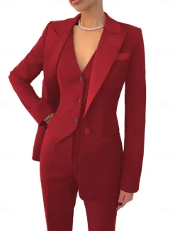 BlackWhite Pantsuit 3 Piece Mother of the Bride Elegant Simple Minimalist V Neck Ankle Length Stretch Fabric Long Sleeve Wrap Included with Solid Color