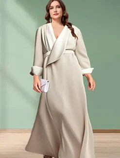 Blazer Dress A-Line Mother of the Bride Dress Tuxedo Dress Elegant Simple Minimalist V Neck Floor Length Satin Long Sleeve with Color Block