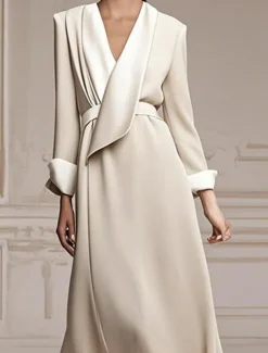 Blazer Dress A-Line Mother of the Bride Dress Tuxedo Dress Elegant Simple Minimalist V Neck Floor Length Satin Long Sleeve with Color Block