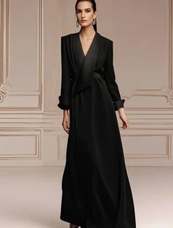 Blazer Dress A-Line Mother of the Bride Dress Tuxedo Dress Elegant Simple Minimalist V Neck Floor Length Satin Long Sleeve with Color Block