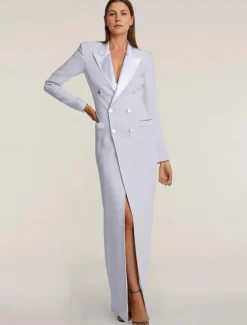 Blazer Dress Black Tie Mermaid / Trumpet Evening Gown Elegant Dress Pinstripe Tuxedo Dress Zipper Up Wedding Guest Formal Floor Length Long Sleeve Peak lapel collar Satin with Pocket