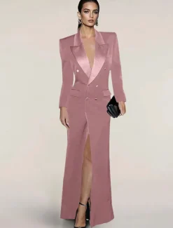 Blazer Dress Black Tie Mermaid / Trumpet Evening Gown Elegant Dress Pinstripe Tuxedo Dress Zipper Up Wedding Guest Formal Floor Length Long Sleeve Peak lapel collar Satin with Pocket