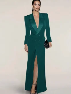 Blazer Dress Black Tie Mermaid / Trumpet Evening Gown Elegant Dress Pinstripe Tuxedo Dress Zipper Up Wedding Guest Formal Floor Length Long Sleeve Peak lapel collar Satin with Pocket