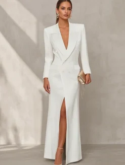 Blazer Dress Black Tie Mermaid / Trumpet Evening Gown Elegant Dress Pinstripe Tuxedo Dress Zipper Up Wedding Guest Formal Floor Length Long Sleeve Peak lapel collar Satin with Pocket