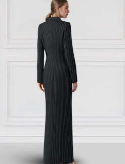 Blazer Dress Black Tie Mermaid / Trumpet Evening Gown Elegant Dress Pinstripe Tuxedo Dress Zipper Up Wedding Guest Formal Floor Length Long Sleeve Peak lapel collar Satin with Pocket