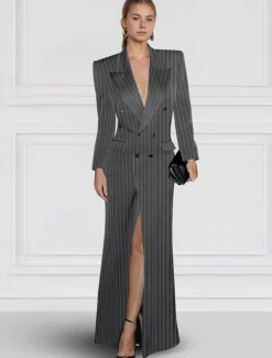 Blazer Dress Black Tie Mermaid / Trumpet Evening Gown Elegant Dress Pinstripe Tuxedo Dress Zipper Up Wedding Guest Formal Floor Length Long Sleeve Peak lapel collar Satin with Pocket