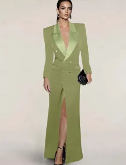 Blazer Dress Black Tie Mermaid / Trumpet Evening Gown Elegant Dress Pinstripe Tuxedo Dress Zipper Up Wedding Guest Formal Floor Length Long Sleeve Peak lapel collar Satin with Pocket