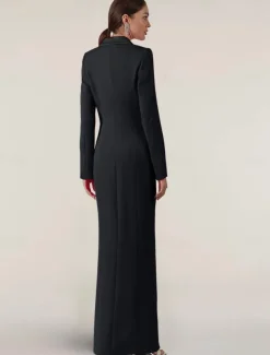 Blazer Dress Black Tie Mermaid / Trumpet Evening Gown Elegant Dress Pinstripe Tuxedo Dress Zipper Up Wedding Guest Formal Floor Length Long Sleeve Peak lapel collar Satin with Pocket