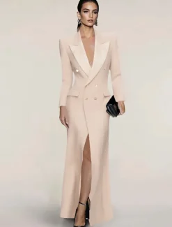 Blazer Dress Black Tie Mermaid / Trumpet Evening Gown Elegant Dress Pinstripe Tuxedo Dress Zipper Up Wedding Guest Formal Floor Length Long Sleeve Peak lapel collar Satin with Pocket