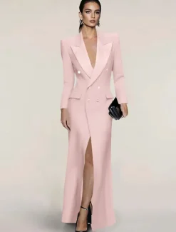 Blazer Dress Black Tie Mermaid / Trumpet Evening Gown Elegant Dress Pinstripe Tuxedo Dress Zipper Up Wedding Guest Formal Floor Length Long Sleeve Peak lapel collar Satin with Pocket