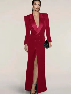 Blazer Dress Black Tie Mermaid / Trumpet Evening Gown Elegant Dress Pinstripe Tuxedo Dress Zipper Up Wedding Guest Formal Floor Length Long Sleeve Peak lapel collar Satin with Pocket