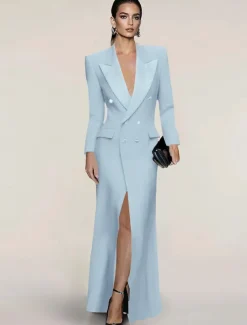 Blazer Dress Black Tie Mermaid / Trumpet Evening Gown Elegant Dress Pinstripe Tuxedo Dress Zipper Up Wedding Guest Formal Floor Length Long Sleeve Peak lapel collar Satin with Pocket