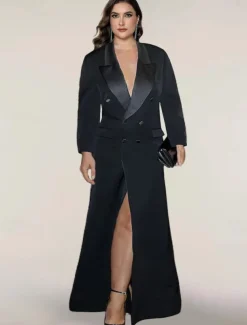 Blazer Dress Black Tie Mermaid / Trumpet Evening Gown Elegant Dress Pinstripe Tuxedo Dress Zipper Up Wedding Guest Formal Floor Length Long Sleeve Peak lapel collar Satin with Pocket