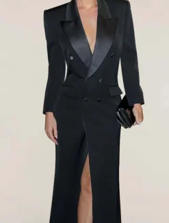Blazer Dress Black Tie Mermaid / Trumpet Evening Gown Elegant Dress Pinstripe Tuxedo Dress Zipper Up Wedding Guest Formal Floor Length Long Sleeve Peak lapel collar Satin with Pocket