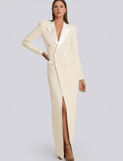 Blazer Dress Black Tie Mermaid / Trumpet Evening Gown Elegant Dress Pinstripe Tuxedo Dress Zipper Up Wedding Guest Formal Floor Length Long Sleeve Peak lapel collar Satin with Pocket