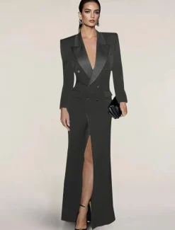 Blazer Dress Black Tie Mermaid / Trumpet Evening Gown Elegant Dress Pinstripe Tuxedo Dress Zipper Up Wedding Guest Formal Floor Length Long Sleeve Peak lapel collar Satin with Pocket