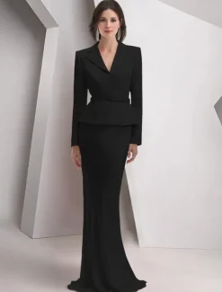 Blazer Dress Two Piece Sheath / Column Evening Gown Elegant Dress Tuxedo Dress Formal Floor Length Long Sleeve Notch lapel collar Pocket Satin with Glitter