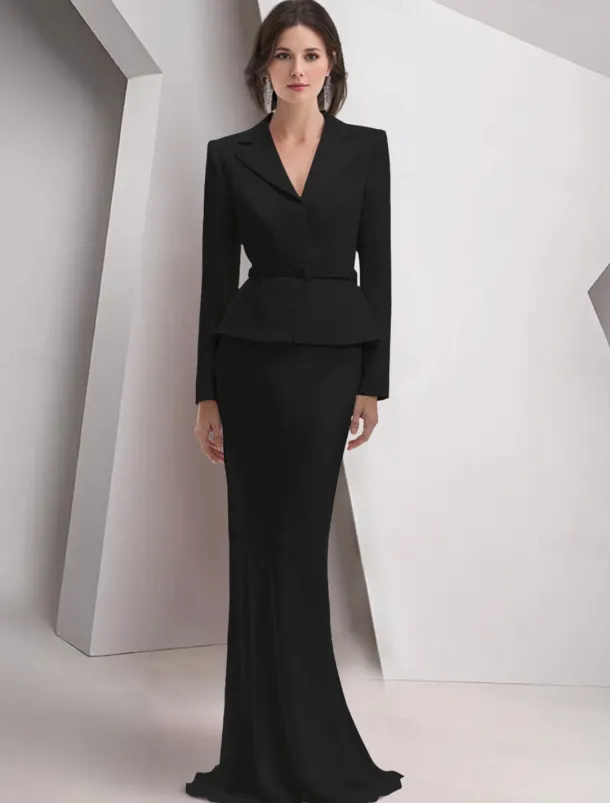 Blazer Dress Two Piece Sheath / Column Evening Gown Elegant Dress Tuxedo Dress Formal Floor Length Long Sleeve Notch lapel collar Pocket Satin with Glitter