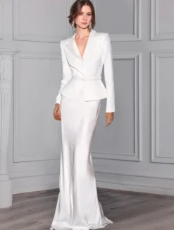 Blazer Dress Two Piece Sheath / Column Evening Gown Elegant Dress Tuxedo Dress Formal Floor Length Long Sleeve Notch lapel collar Pocket Satin with Glitter