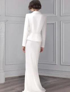 Blazer Dress Two Piece Sheath / Column Evening Gown Elegant Dress Tuxedo Dress Formal Floor Length Long Sleeve Notch lapel collar Pocket Satin with Glitter