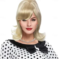 Blonde Beehive Wig 60s Blonde Wig Women 50s Flip Wig with Retro Bang Blonde Cosplay Carnival Vintage Costume Wig
