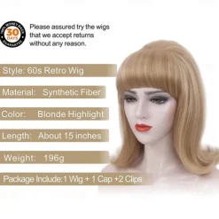Blonde Beehive Wig With Bangs 50's Flip Wig For Women 60s 70s Party Costume Cosplay Carnival Halloween Wigs