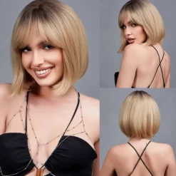 Blonde Bob Wig with Bangs 13 Short Bob Wigs for Women Short Blonde Wig with Dark Roots Heat Resistant Synthetic Wig Natural Looking for Daily Use Party and Cosplay