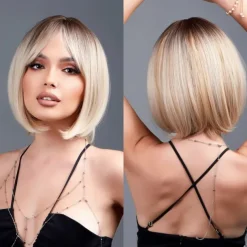 Blonde Bob Wig with Bangs 13 Short Bob Wigs for Women Short Blonde Wig with Dark Roots Heat Resistant Synthetic Wig Natural Looking for Daily Use Party and Cosplay