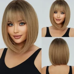 Blonde Bob Wig with Bangs 13 Short Bob Wigs for Women Short Blonde Wig with Dark Roots Heat Resistant Synthetic Wig Natural Looking for Daily Use Party and Cosplay