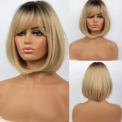 Blonde Bob Wig with Bangs 13 Short Bob Wigs for Women Short Blonde Wig with Dark Roots Heat Resistant Synthetic Wig Natural Looking for Daily Use Party and Cosplay