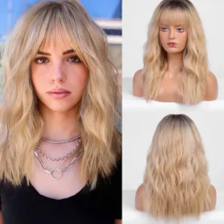 Blonde Curly Wigs With Bangs,Ombre Blonde Curly Wigs for Women Heat Resistant Synthetic Wigs Fashion Women Classic Blonde Halloween Wigs