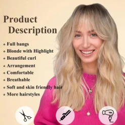 Blonde Curly Wigs With Bangs,Ombre Blonde Curly Wigs for Women Heat Resistant Synthetic Wigs Fashion Women Classic Blonde Halloween Wigs