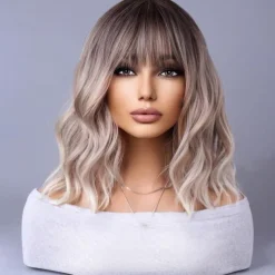 Blonde Ombre Wig Short Bob Wig Short Curly Wavy Wig With Bangs for Women Wig Heat Resistant Synthetic Hair Wigs for Daily Use Cosplay Wig With Wig Cap Halloween Wigs