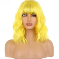 Blonde Ombre Wig Short Bob Wig Short Curly Wavy Wig With Bangs for Women Wig Heat Resistant Synthetic Hair Wigs for Daily Use Cosplay Wig With Wig Cap Halloween Wigs