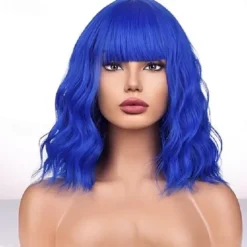 Blonde Ombre Wig Short Bob Wig Short Curly Wavy Wig With Bangs for Women Wig Heat Resistant Synthetic Hair Wigs for Daily Use Cosplay Wig With Wig Cap Halloween Wigs