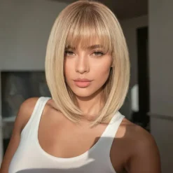 Blonde Short Bob Wig with Bangs for Women Synthetic Wig Halloween Cosplay Party Wigs
