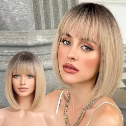 Blonde Short Bob Wig with Bangs for Women Synthetic Wig Halloween Cosplay Party Wigs