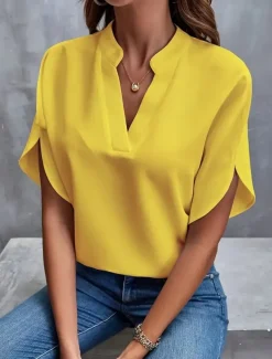 Blouse Dressy Tops Women's Black White Yellow Solid / Plain Color Sexy Daily Elegant V Neck Regular Fit S