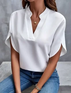 Blouse Dressy Tops Women's Black White Yellow Solid / Plain Color Sexy Daily Elegant V Neck Regular Fit S