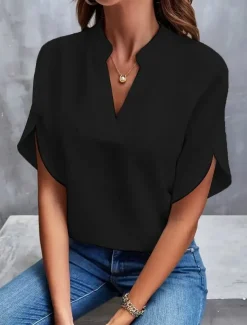 Blouse Dressy Tops Women's Black White Yellow Solid / Plain Color Sexy Daily Elegant V Neck Regular Fit S