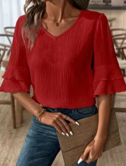 Blouse Women's Black White Pink Solid / Plain Color Flounced Shirred Daily Elegant V Neck Regular Fit S