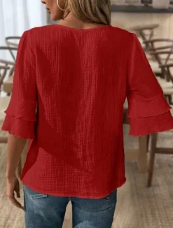 Blouse Women's Black White Pink Solid / Plain Color Flounced Shirred Daily Elegant V Neck Regular Fit S