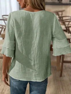 Blouse Women's Black White Pink Solid / Plain Color Flounced Shirred Daily Elegant V Neck Regular Fit S